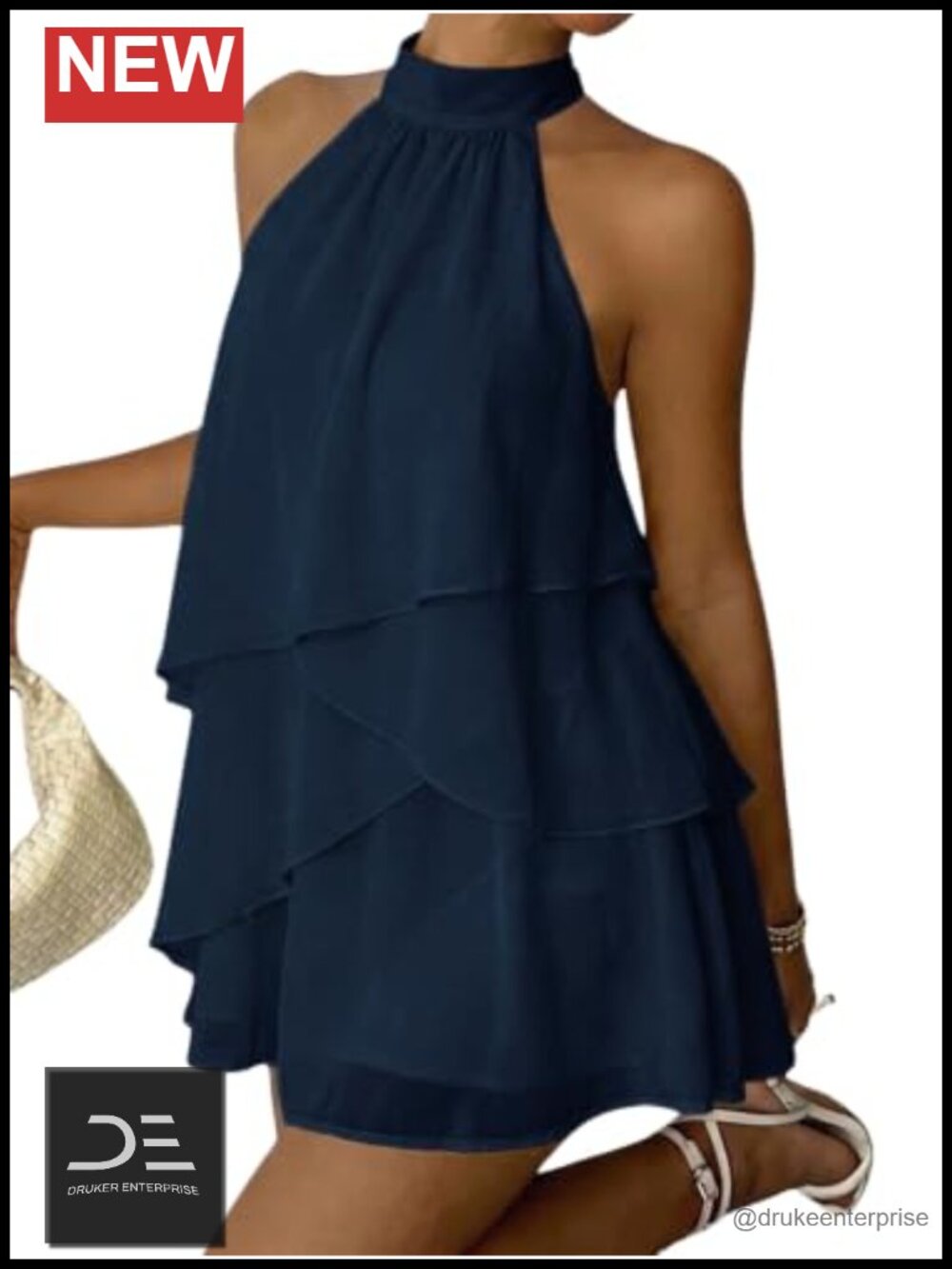 Women's Chiffon Halter Ruffle Mini Dress Wedding Guest Party